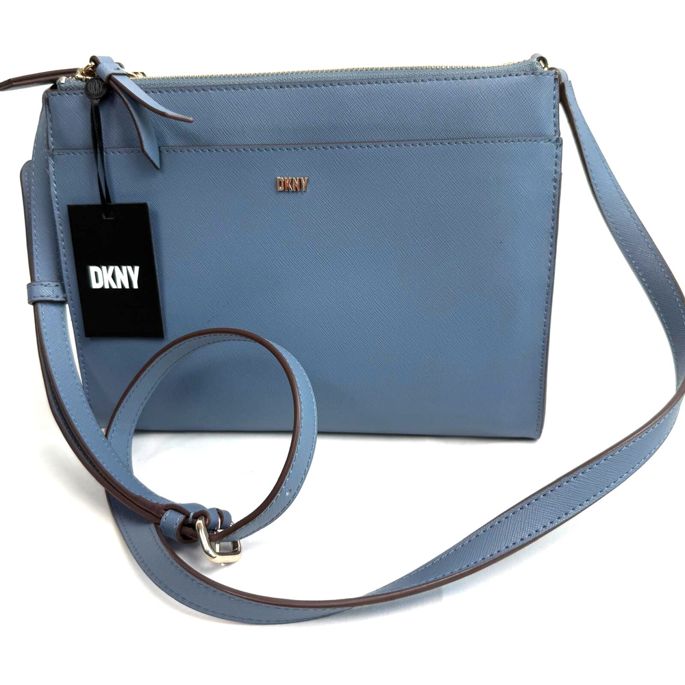 DKNY Women Medium Shoulder Bag Crossbody Purse Steel Blue Double Zip Adjustable